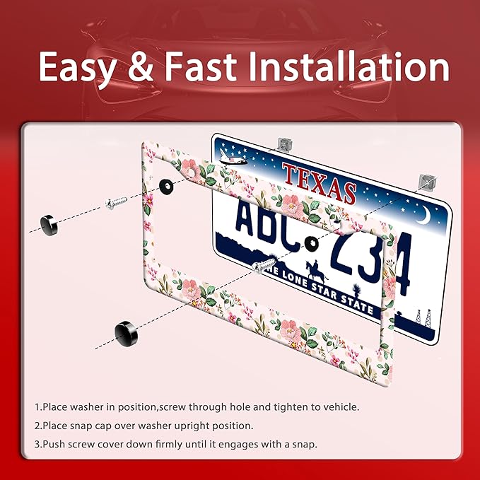 Bright Pink Flowers License Plate Frame Colorful Floral License Plate Frames Funny Auto Accessory Bracket Stainless Steel Cute License Plate for Women 6.3 x 12.3 Inch