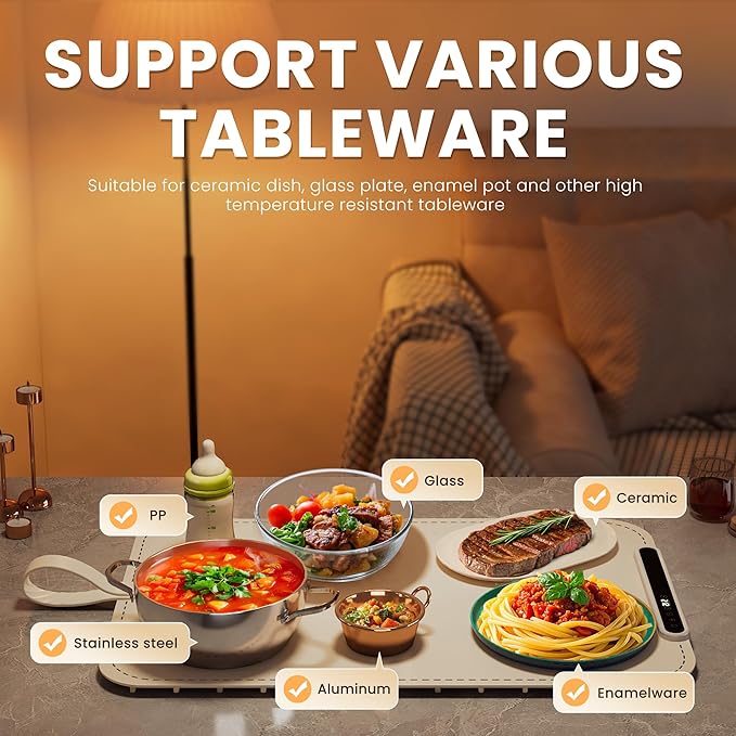 Warming Mat for Food - Electric Warming Tray, Full Surface Rapid Heating Food Warmer Mat with 6 Temperature Settings, Silicone Heating Pad, Great Gift for Women (Beige, X Large Size: 24"x15")