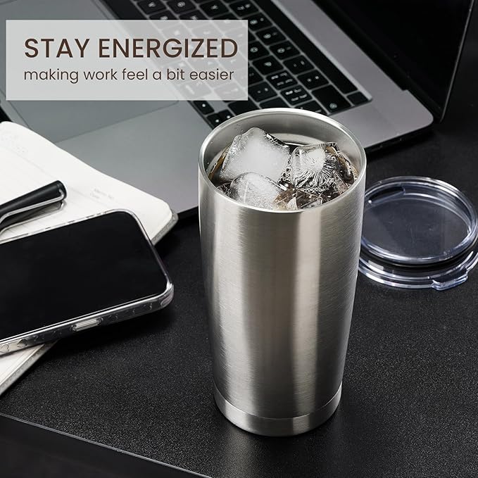 MEWAY 20oz Tumbler 4 Pack Double Wall Vacuum Insulated Travel Mug Bulk, Stainless Steel Tumblers with Lid and Straw, Durable Powder Coated Coffee Cups for Cold & Hot Drinks (Silver, 4)