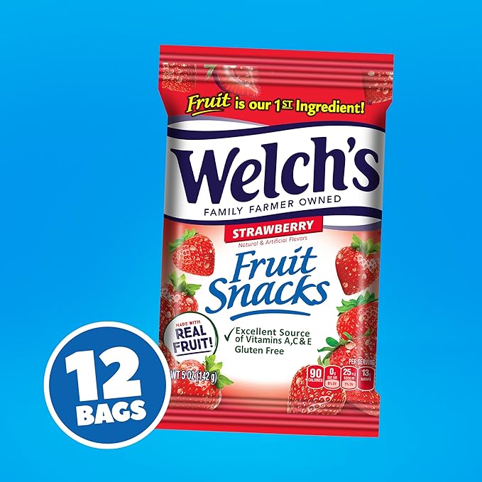 Welch's Fruit Snacks, Strawberry Snack Box, Gluten Free, 5oz Snack Packs (Pack of 12)