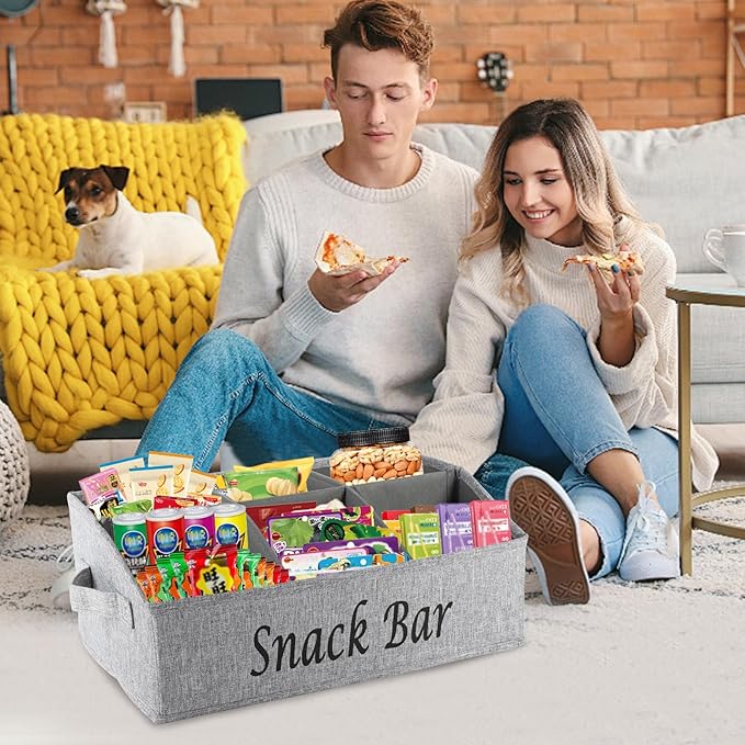 Snack Organizer for Countertop, 6 Compartment Snack Storage with Side Handle, 2 Pack Fabric Snack Basket Container, Lightweight Snack Bar Station Organizer, Kitchen Pantry Storage, Beige/Gray