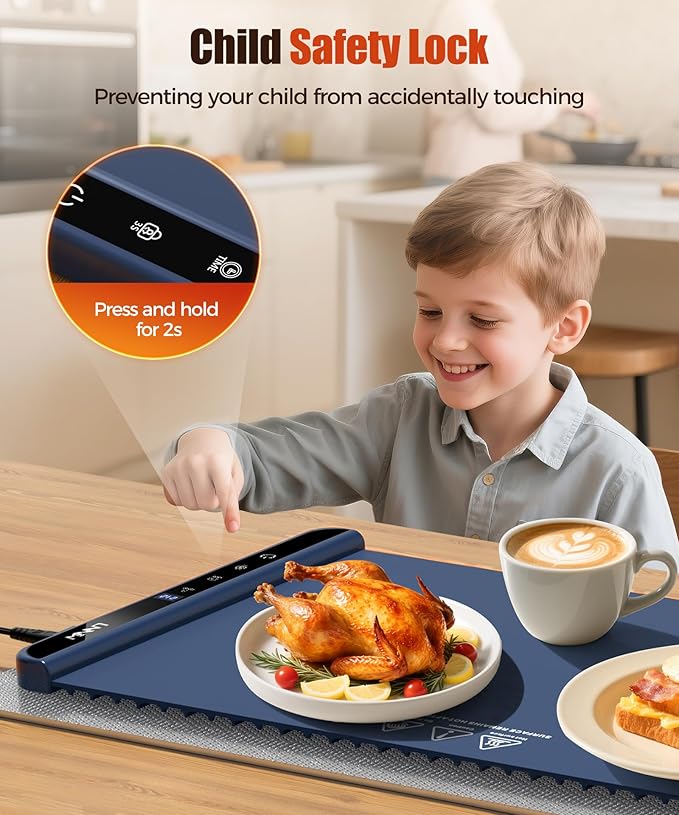 Food Warming Mat with Heat-Resistant Pad, 26X15 Inch, 6 Temperature & 6 Timer Settings, Child Lock Safety, Electric Warming Tray for Gatherings,Parties,Everyday Use