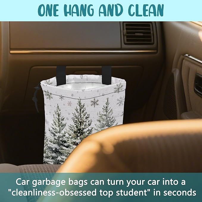 Car Garbage Bag Watercolor Snowy Green Pine Trees Hanging Canvas Car Trash Bag Waterproof Drawstring Car Back Seat Organizer for Car Back Front Seat Console with Adjustable Buckle