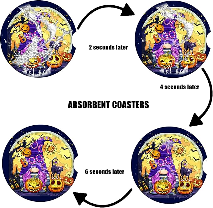 Car Cup Holder Coaster - Halloween Pumpkin Gnomes Absorbent Ceramic Coaster, Car Coasters for Cup Holders, Auto Accessories for Women & Men, Pack of 2