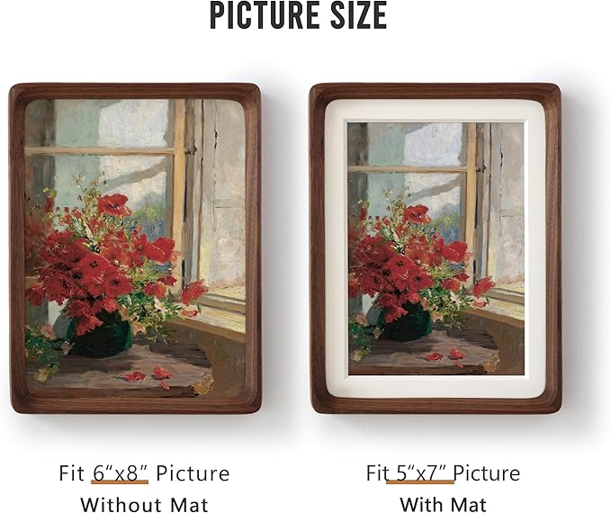 Natural Picture Frame,Display Picture 5x7 with Mat or 6x8 Without Mat,by Plexiglass,Walnut Wood Photo Frame, Wall or Tabletop Decor Display