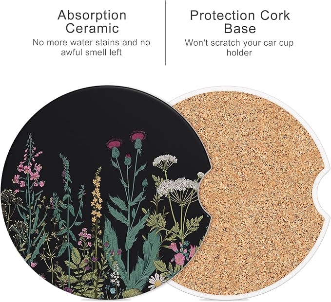 Car Cup Holder Coaster, Car Coasters for Cup Holders, 4 Pack Universal Anti Slip Insert Absorbent Ceramic Auto Interior Accessories with A Finger Notch & Cork Base, Dandelion