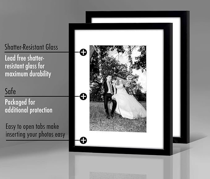 Americanflat 12x16 Picture Frame in Black - Displays 8x12 With Mat or 12x16 Without Mat - Composite Wood with Shatter Resistant Glass - Horizontal and Vertical Formats for Wall (2-Pack)