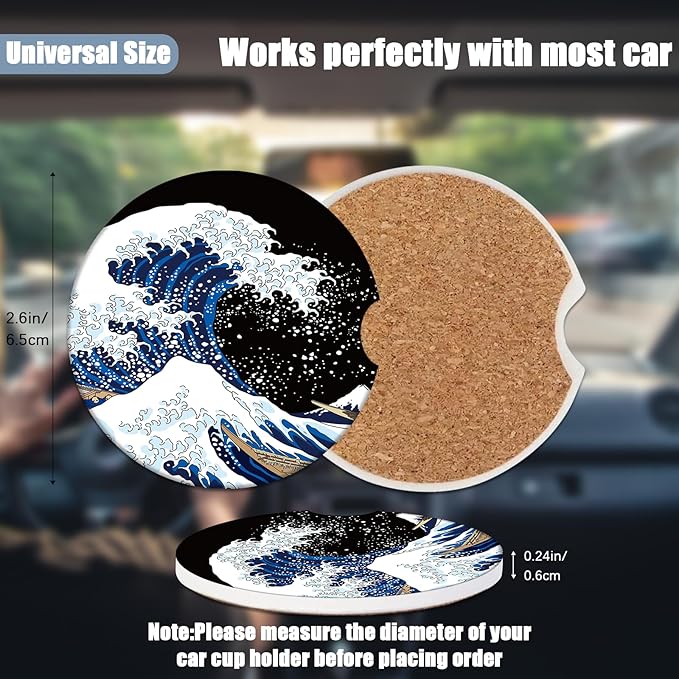 Car Cup Holder Coaster - Black Ocean Wave Absorbent Ceramic Coaster 2 Pack, Car Coasters for Cup Holders, Fashion Car Interior Accessories Drink Coaster for Women & Men