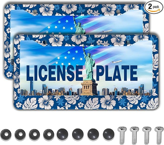 License Plate Protector White Purple License Plate Frames Hawaiian Hibiscus Aluminum Metal Car Accessory 2 Pack with Screw Covers Set