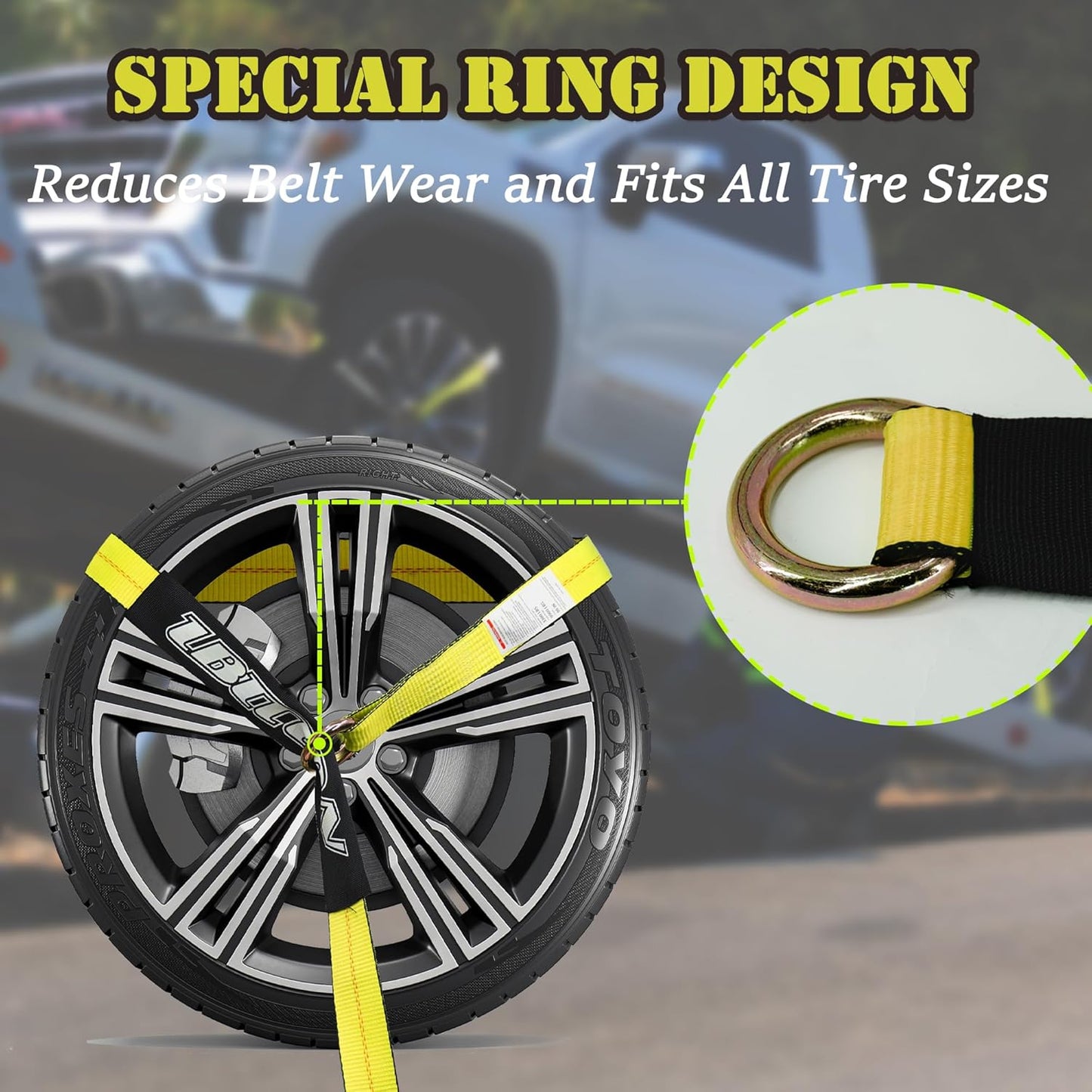 4 Pack Car Tie Down Straps for Trailers - 2" x 96" - 3,300 lbs Safe Working Load -Adjustable Wheel Straps for Hauling Cars.Yellow