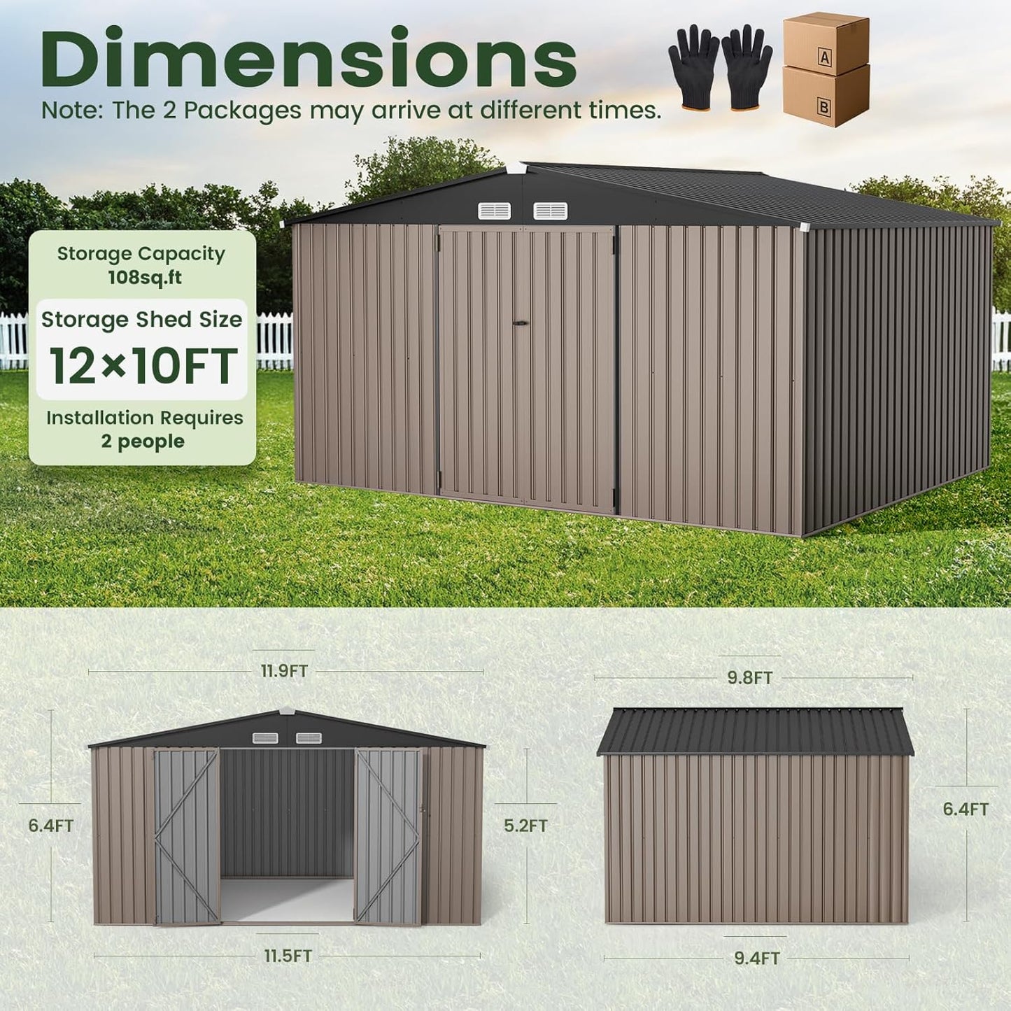 GVDV 10X12 FT Outdoor Storage Shed, Durable Metal Outside Storage for Garden, Patio and Backyard, Waterproof Shelter for Tools, Equipment