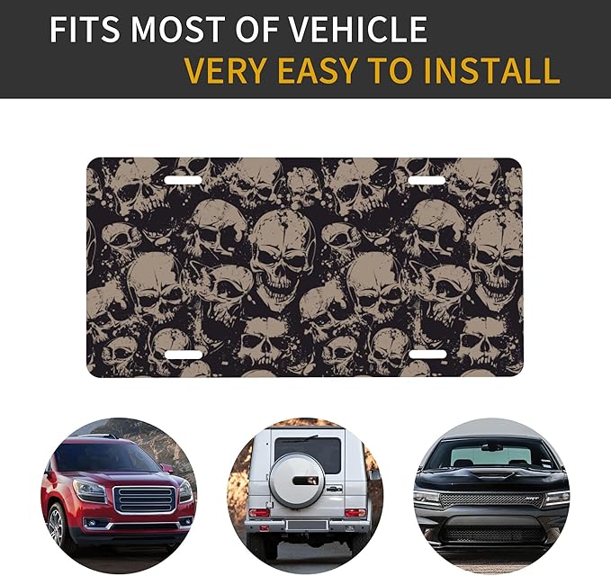 Front License Plate Retro Skull Vanity Plates Aluminum Metal Decorative Car Tag Novelty License Plate Cover for Men Women ‎6 * 12 in (4 Holes)