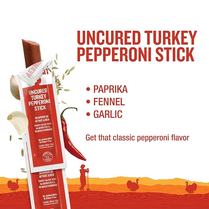 Vermont Smoke & Cure Meat Sticks - Uncured Turkey Pepperoni - Protein Snacks, No Antibiotics or Added Hormones, Hiking Snacks - 8-Count Pouch, Pack of 48