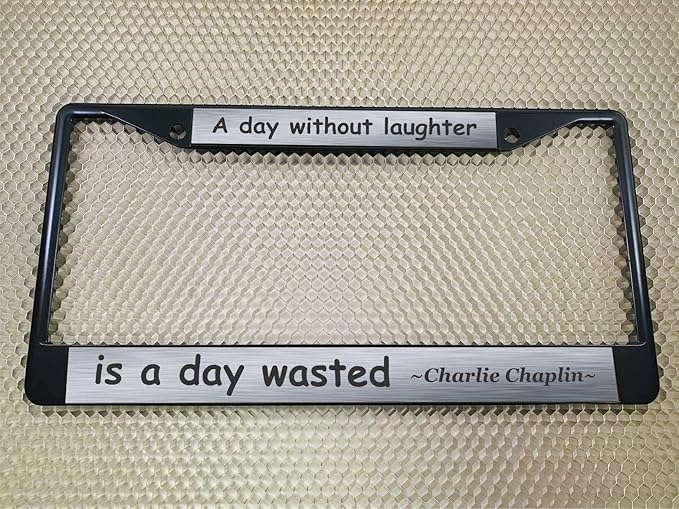 Custom Personalized Black Powder-Coated Metal Laser Engraved Standard Size - Car/Automobile License Plate Frame with Free caps - Steel/Black Text (Qty: 1 Frame)