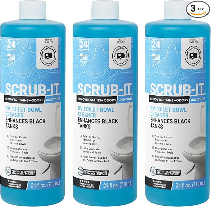 Unique Scrub-It RV Toilet Bowl Cleaner Liquid - Removes Odors, Stains and Debris - Safe on All Toilet Types 24 oz (3-Pack) Packaging May Vary