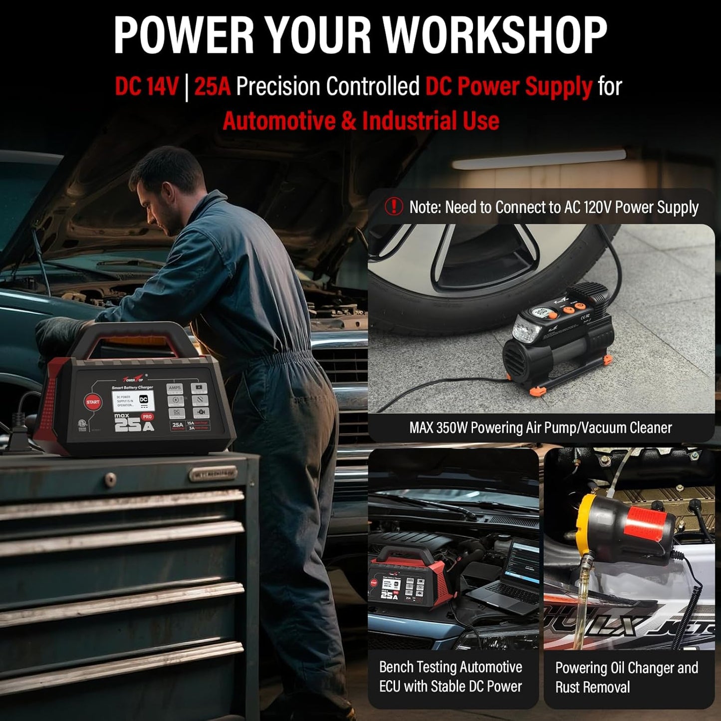 TowerTop 25A Max Pro Battery Charger: 12V Fully Automatic Smart Trickle Charger, Automotive Battery Maintainer with Engine Start, DC Supply, Winter Mode, Recondition,Desulfation, for Lead Acid/Lithium