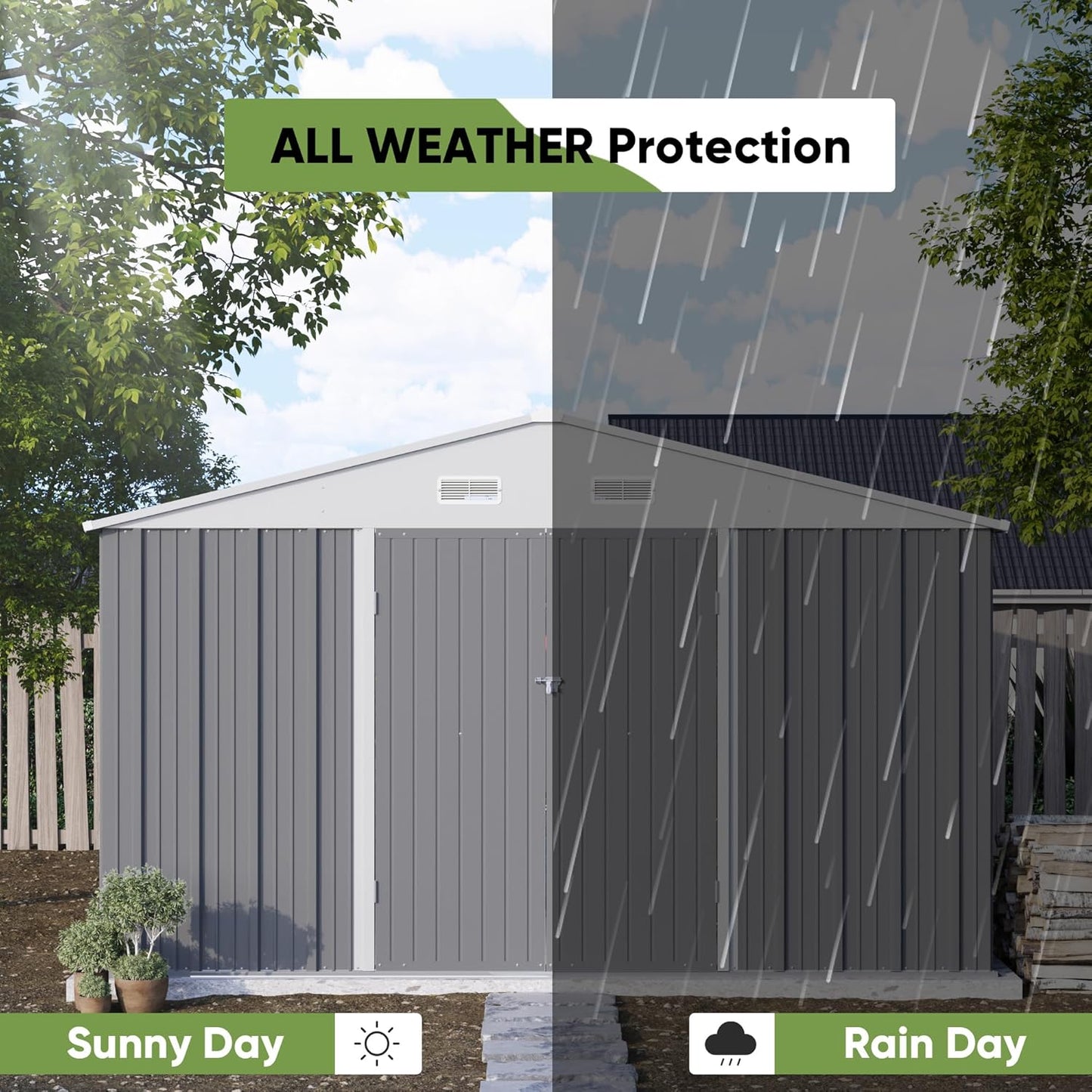 Patiowell 10 x 10 FT Outdoor Storage Shed with Floor Frame, Metal Yard Shed with Design of Lockable Doors, Utility and Tool Storage for Garden, Patio, Backyard, Outside use, Gray