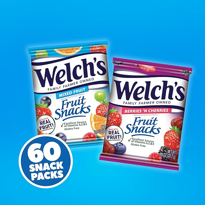 Welch's Fruit Snacks, Mixed Fruit Snack Box, Gluten Free, 0.8oz Snack Packs (Pack of 60)