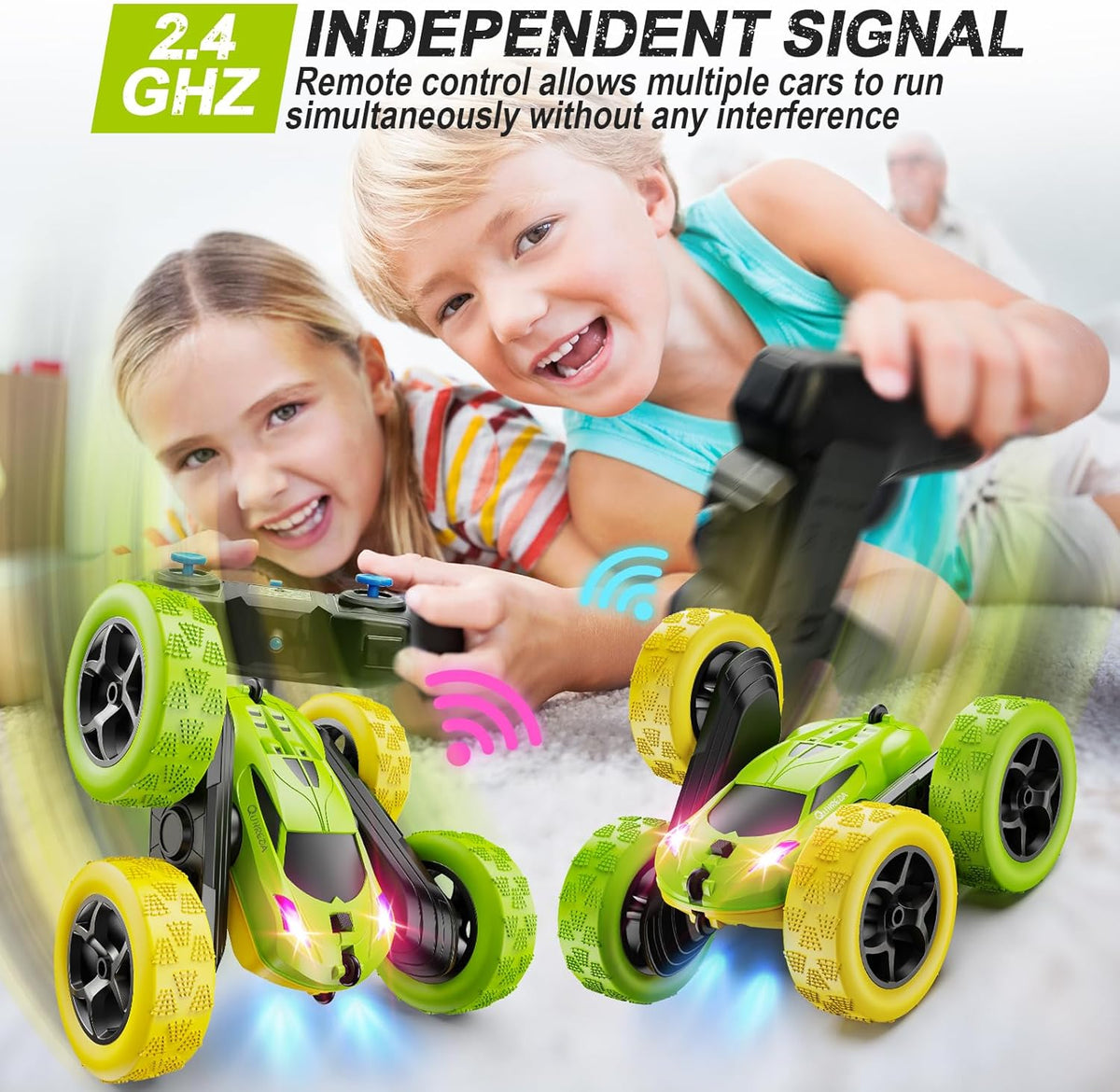 Remote Control Car, RC Car Toys for 6-12 Year Old Boys, Off Road RC Stunt Car 4WD 360° Rotating Remote Control Car for Kids, Boys Girls Gifts for Birthday, Christmas Yellow&Green