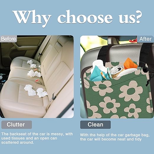 Green Groovy Flowers Car Garbage Bag,Small Car Trash Bag Hanging Back of Seat,Drawstring Car Trash Bag with Adjustable Buckle,Car Accessories for Camping Travelling