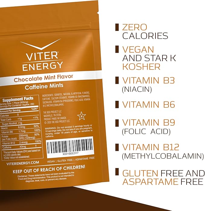 Viter Energy 40mg Caffeine Mints - Sugar Free, B Vitamins, Vegan, Boosts Fast Energized Alert Focus, Caffeinated Nootropic Supplement Pills (Chocolate Mint Flavor, 8oz, Bulk Bag)