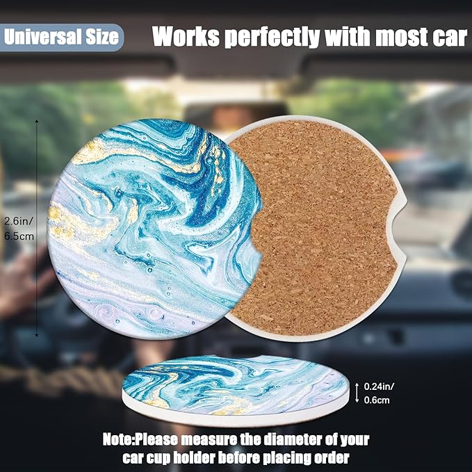 Car Cup Holder Coaster - Blue Absorbent Ceramic Coaster 2 Pack, Car Coasters for Cup Holders, Fashion Car Interior Accessories Drink Coaster for Women & Men