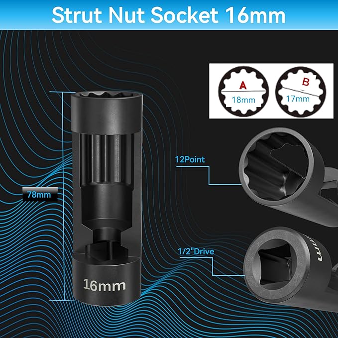 Suspension Strut Socket Tool,Strut Nut Socket 16mm 18mm 19mm 21mm 22mm 24mm with 12 Point 1/2" Drive, Suspension Strut Nut Socket Tool Easy Remove Strut Nuts,12Pt Vm Number 3353 Accessory (16MM)