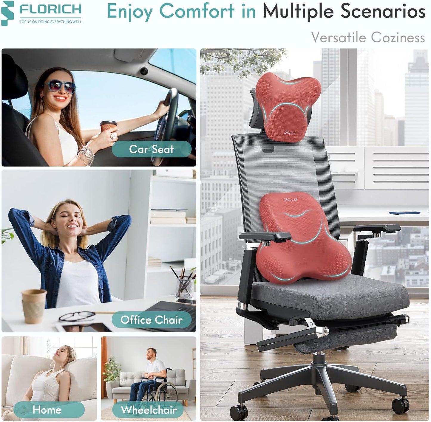 FLORICH Car Lumbar Support Pillow and Neck Headrest Pillow for Office Chair, Ergonomic Memory Foam, Relieves Neck, Back Pain, Pressure-Relieving Back Support for Car, Office Chair & Wheelchair – Red