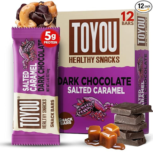 ToYou Chewy Fruit and Nut Bars - Healthy Protein Snacks | Salted Caramel Dark Chocolate - 1.41 Ounce (Pack of 12) | Soft Chewy, Fiber-packed Granola Bars for Adults and Kids, Made with Natural Ingredients