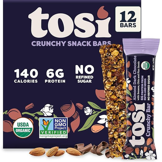 Tosi Dark Chocolate Almond Protein Bars, Plant Based with Nuts, Gluten-Free Crunchy Snacks, Vegan, Organic, Flax & Chia Seeds, Soy-Free, Omega 3s, 6G Protein, 1 oz, 12-Pack