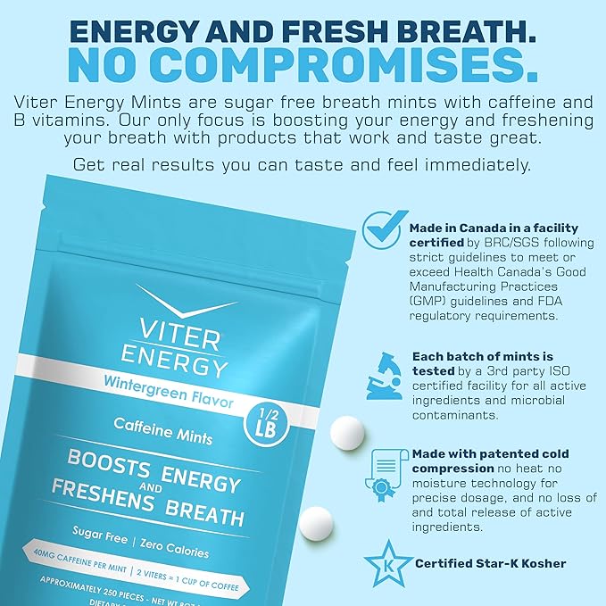 Viter Energy 40mg Caffeine Mints - Sugar Free, B Vitamins, Vegan, Boosts Fast Energized Alert Focus, Caffeinated Nootropic Supplement Pills (Wintergreen Flavor, 8oz, Bulk Bag)