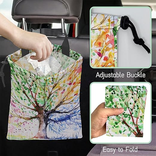 Watercolors Tree Car Garbage Bag,Colorful Tree Waterproof Small Car Trash Bag Hanging Back of Seat,Drawstring Hanging Car Trash Bag with Adjustable Buckle for Car Accessories