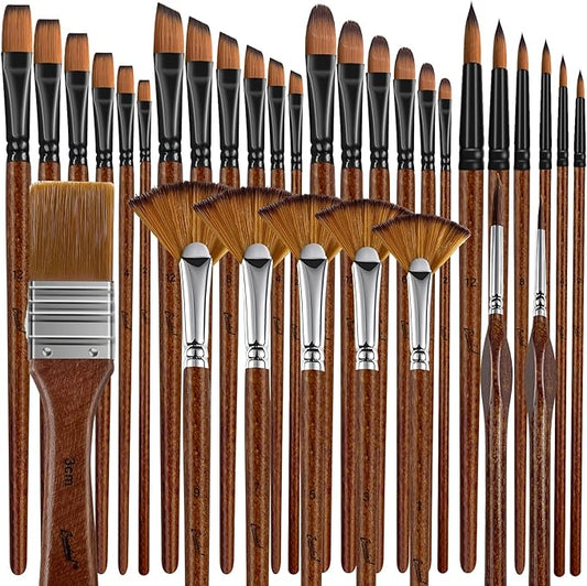 Bougimal 32 Pcs Paint Brush Set, Artist Paint Brushes for Acrylic Painting, Oil, Watercolor, Gouache, with Flat Round Filbert Fan Angle Detail Brush, Suitable for Artists and Beginners(Brown)