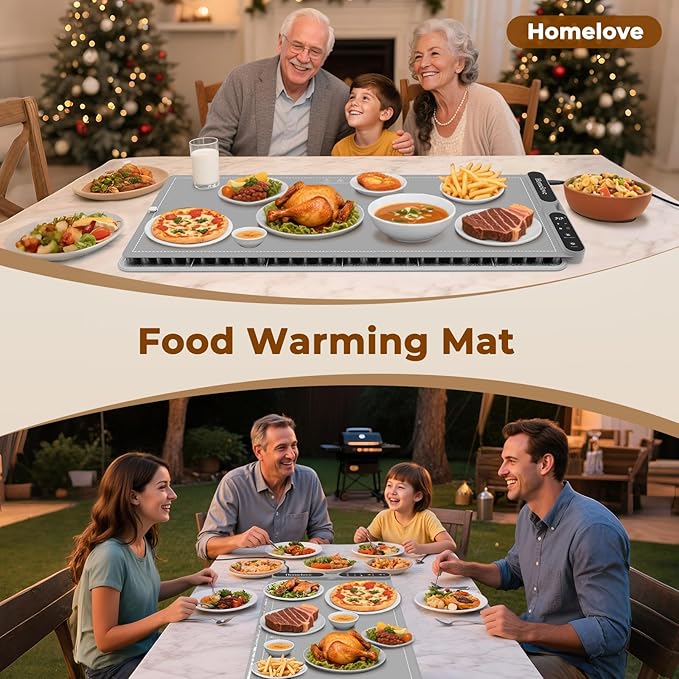 Homelove Food Warming Mat for Parties Buffet - Full Surface Fast Heating Electric Warming Tray with 7 Temp-Settings & 8H Timer, Portable Roll Up Food Warmer with Heat Insulation Pad XXL-Grey