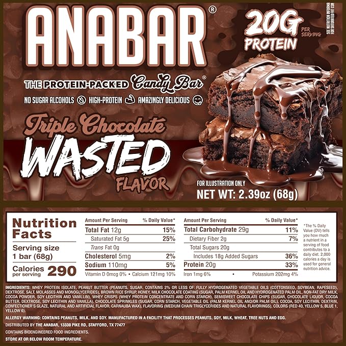 Anabar Protein Bar, Triple Chocolate Wasted, The Protein-Packed Candy Bar, No Sugar Alcohols, High Protein, Amazingly Delicious, 20 Grams of Protein (12 Bars, Triple Chocolate Wasted)