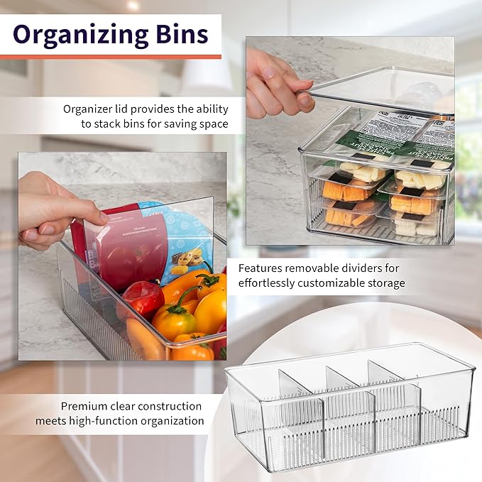 ClearSpace Plastic Pantry Organization and Storage Bins with Dividers & Lids – Perfect Kitchen Organization or Kitchen Storage – Fridge Organizer, Refrigerator Bins, Cabinet Organizers, 4 Pack