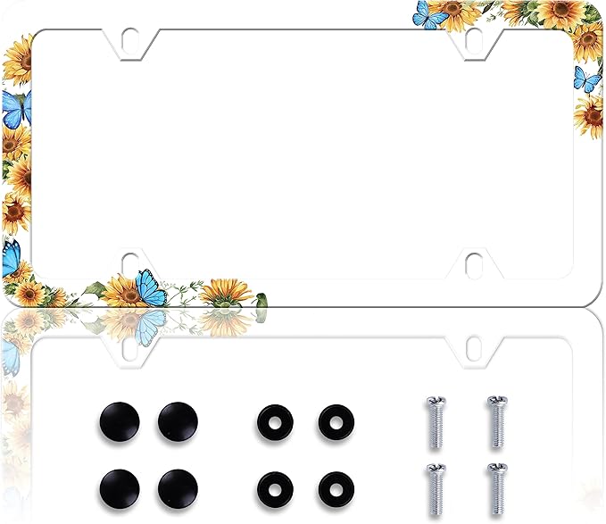Blue Butterfly Sunflower License Plate Frame Funny License Plate Frames Personalise Stainless Steel Design Compatible with Standard License Plate Holder for USA and Canada 6 X 12 with Screws