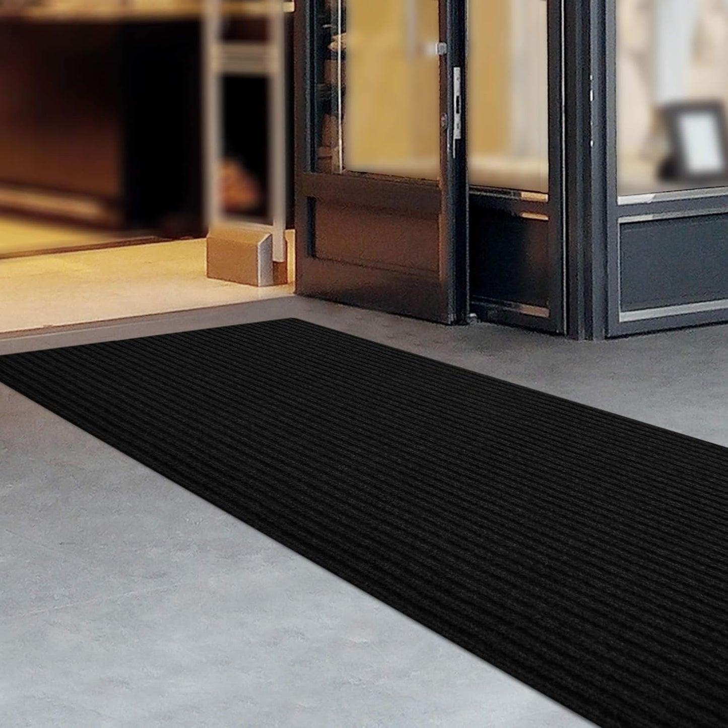 iCustomRug Spartan Weather Warrior Indoor/Outdoor Utility Ribbed Carpet Runner with Non-Slip Thermoplastic Rubber Backing, 28in X 44ft in Black