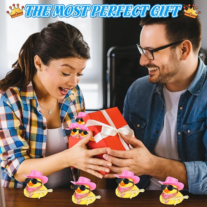 BOZILY Cowboy Rubber Duck Car Decor with Gold AK Gun, Sunglasses & Bandana, Funny Dashboard Accessories for Cars, Office, Home, Small Rubber Ducks for Birthday Gift(Pink Hat)