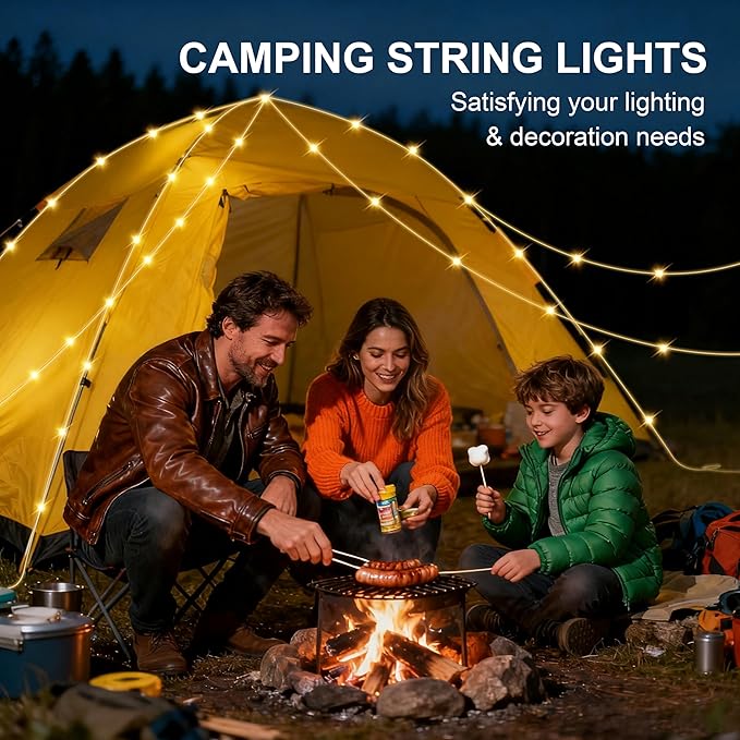 Solar Camping String Lights, Retractable Waterproof 33FT LED Camp Light with 13 Light Modes, Rechargeable 3000mAh Battery Powered Fairy Lights with Remote for Outdoor, Tent, RV, Patio, Awning, Party