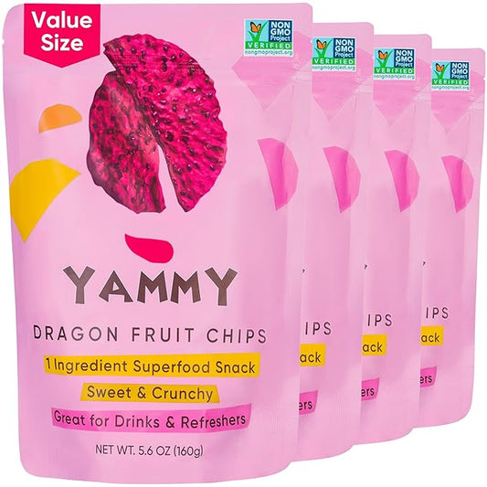 Yammy Dried Dragon Fruit Chips for Drinks Refreshers, Healthy 1 Ingredient Superfood Snack, Crunchy Like Freeze Dried Dragonfruit Chunks, Dehydrated Red Pitaya Pieces, Gluten Free Vegan (5.6oz Pack of 4)