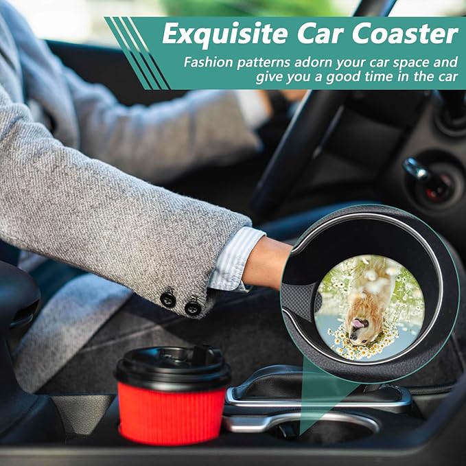 2 Pack Car Cup Holder Coasters - Dog Flower Absorbent Ceramic Coaster, Car Coasters for Cup Holders, Car Interior Accessories for Women Men