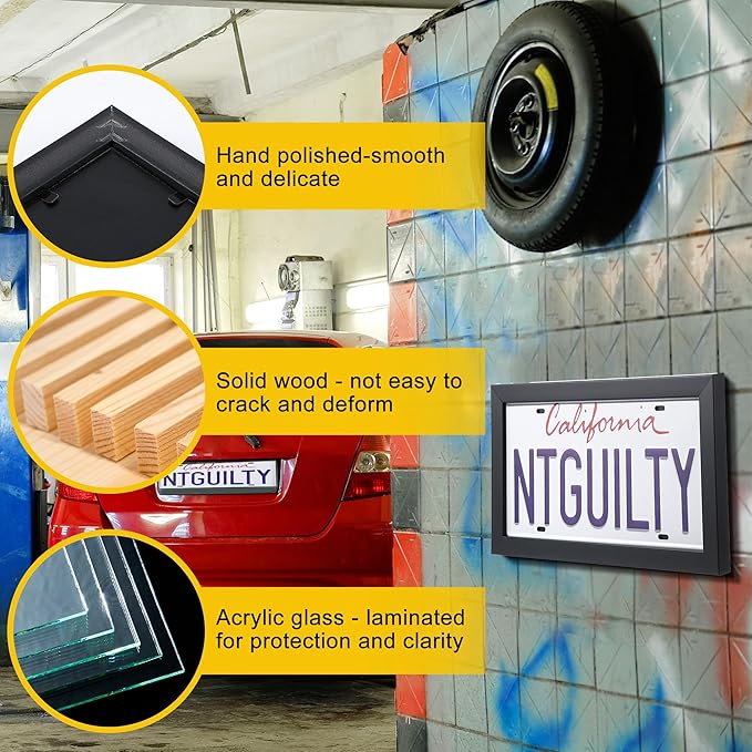 Feekoon 2 Pack License Plate Wall Frame, 13.7" x 7.4" Modern Black Display License Plate Cover with 98% UV Protection Acrylic Imitation Wood Polystyrene License Frame Display Vehicle Tag with Hanger