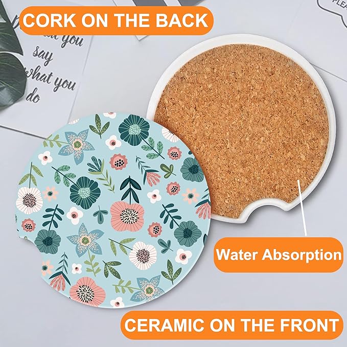 Vintage Floral Patterns Car Cup Holder Coaster, Car Coasters for Cup Holder, 2 Pack Cute Retro Flowers Anti-Slip Absorbent Ceramic Car Cup Coasters for Women Men with Finger Notch Cork Base 2.56"