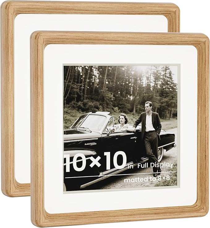 HELPLEX 10x10 Picture Frame Set of 2 - Matte White Oak Wood with HD Tempered Glass, Adjustable for 6x6/8x8 Matted or 10x10 Open, Gallery-Quality Vertical/Horizontal Wall or Tabletop Display