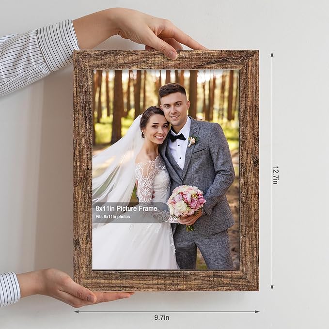 8x11 Picture Frame Set of 4, Made of Real Glass and Rustic Brown Wooden Frame - 8 by 11 Photo for Wall or Tabletop Display