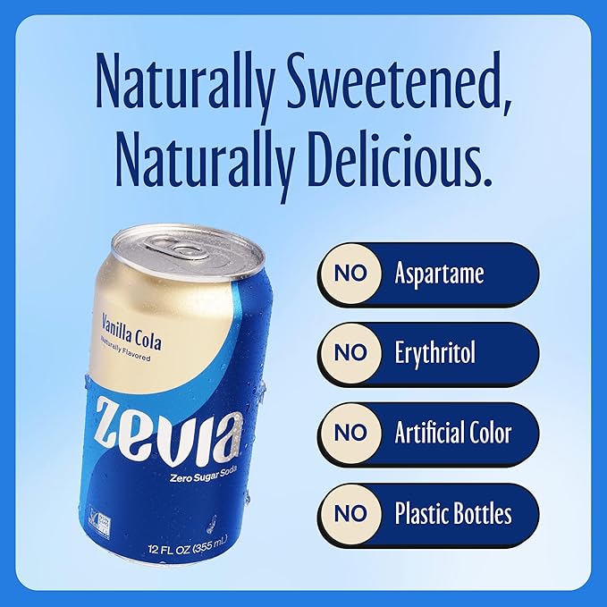 Zevia Zero Sugar Soda, Vanilla Cola, 12 oz Cans (24-Pack) – Naturally Sweetened, Non-GMO Project Verified, Gluten-Free, Vegan