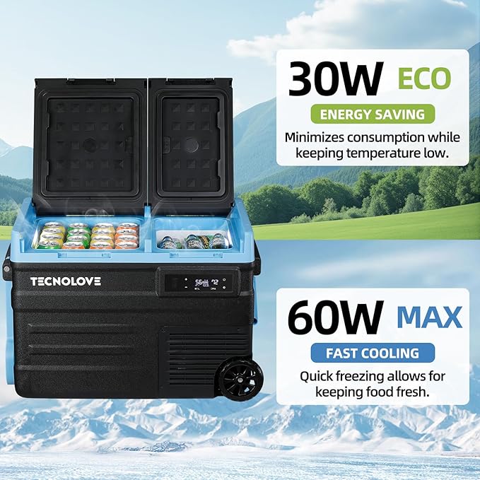 45L Car Refrigerator Freezer, 48QT Dual Zone 12V / 24V Portable Fridge with Reversible Door, Battery Slot, All-Terrain Wheels, AC/DC Powered, Touchscreen Control, LED Light, -4℉~68℉, Ice Blue