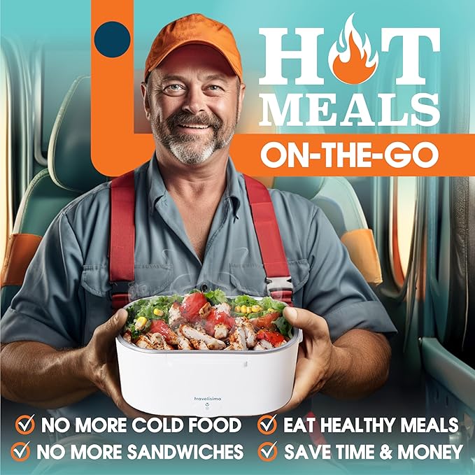 TRAVELISIMO Electric Lunch Box for Adults, 80W Heated Lunch Box 1.5L Stainless Steel Portable Food Warmer, 12/24/110V Lonchera Electrica Portatil for Travel & Work, Loncheras para Hombres de Trabajo