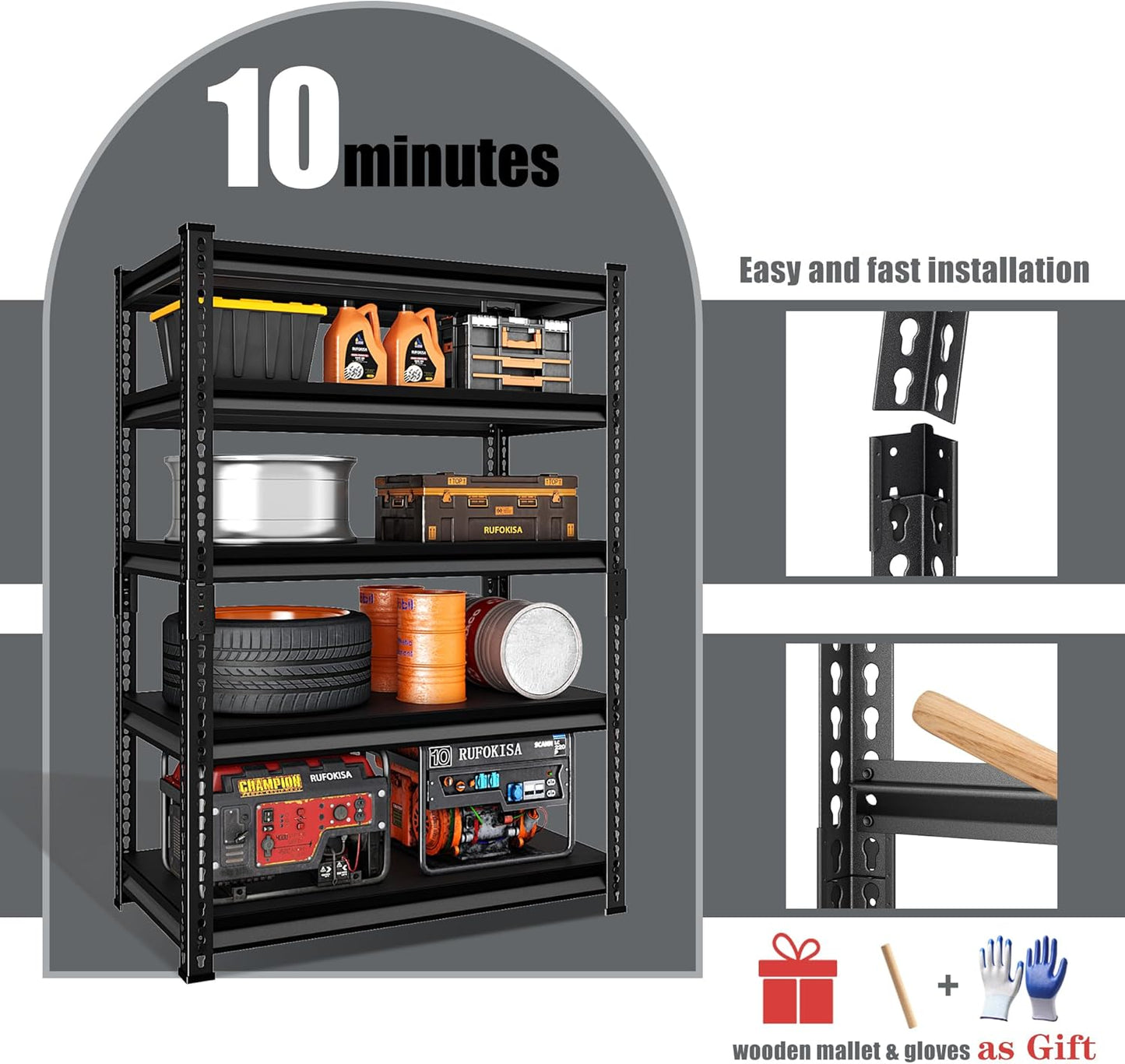 5-Tier Garage Shelving Heavy Duty, 72" Metal Shelving Unit - 2250 lbs Load Capacity, 40"W x 18"D x 72"H (Black)